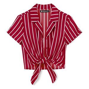 Striped Lapel Collar Top Short Sleeve Tie Front Crop Shirt Red